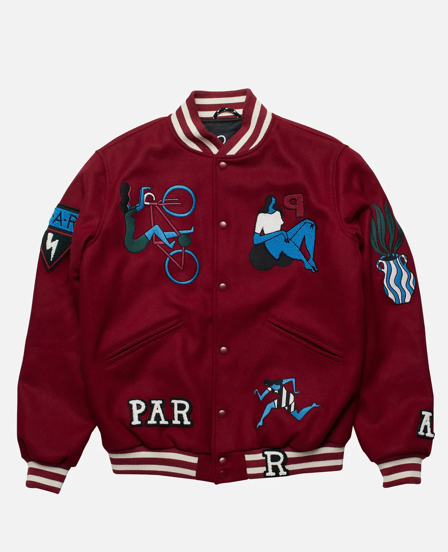 front of byParra Run Sit & Bike Varsity Jacket Dark Red 